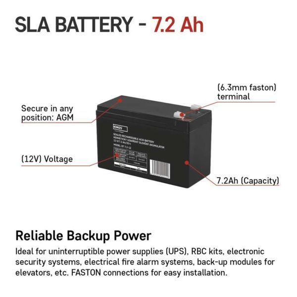 Акумуляторна батарея EMOS B9674, AGM, 12V, 7,2Ah, fast 6,3mm B9674 фото