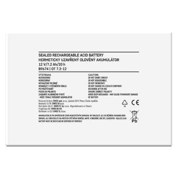 Акумуляторна батарея EMOS B9674, AGM, 12V, 7,2Ah, fast 6,3mm B9674 фото